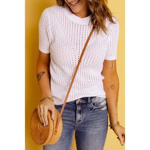 Azura Exchange  White Hollow-out Knitted Short Sleeve T Shirt